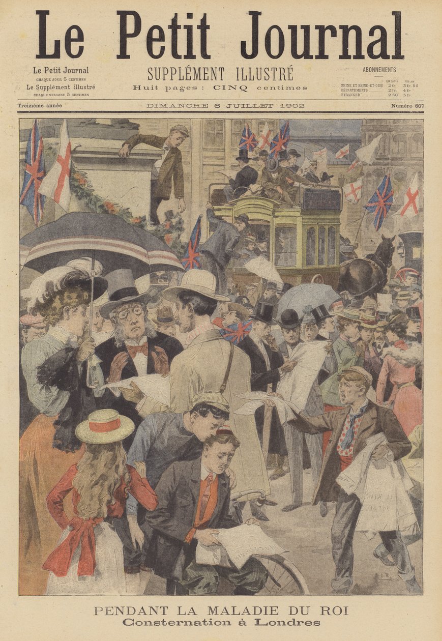 Bezorgdheid in Londen over de ziekte van koning Edward VII (kleurenlitho) door French School
