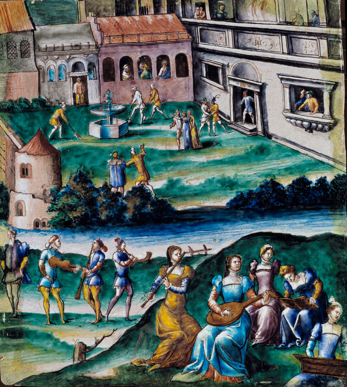 Concert in de binnenplaats van een kasteel door French School