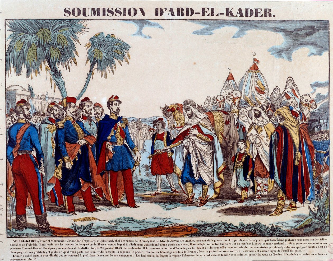 Verovering van Algerije (1830-1847): de overgave van Abd el Kader (Abd-el-Kader of ibn Muhyi al-Din al-Hasani) (1807-1883) aan de hertog van Aumale en het Franse leger op 24/01/1848. Gravure uit de late 19e eeuw Privécollectie door French School