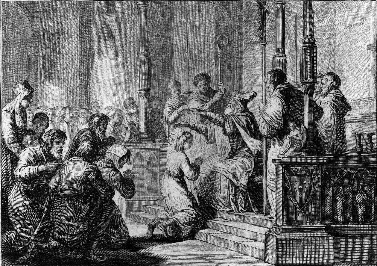 Wijding van Sint Genevieve, circa 430: Saint Germain, bisschop van Auxerre. door French School