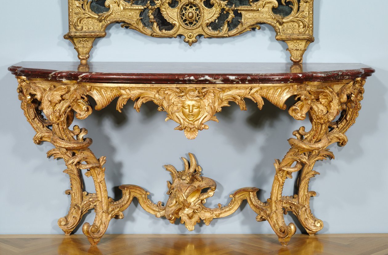 Consoletafel, ontworpen door Jules-Michel Hardouin (1635-1737), gemaakt door Pierre Turpin en Michel II Lange, ca. 1725 (gesneden verguld hout, marmeren blad (griotte de campan)) door French School