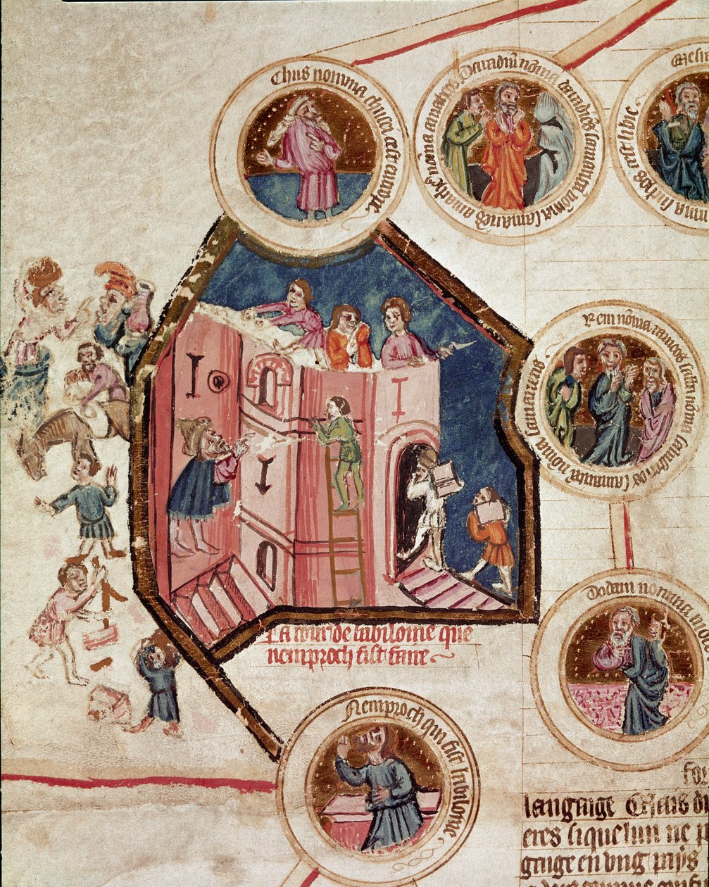 Bouwplaats van de Toren van Babel in Babylon door French School