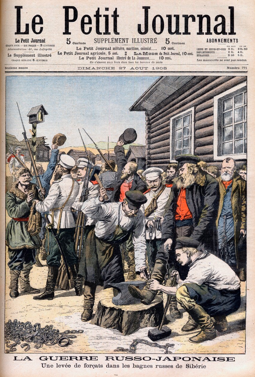 Gevangenen in Siberië die worden gerekruteerd om te vechten in de Russisch-Japanse Oorlog. Illustratie voor Le petit Journal, 27 augustus 1905. door French School