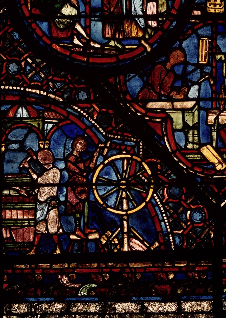 Kuipers aan het werk, detail uit het leven van Sint Julianus de Hospitaller raam in de noordelijke omgang door French School