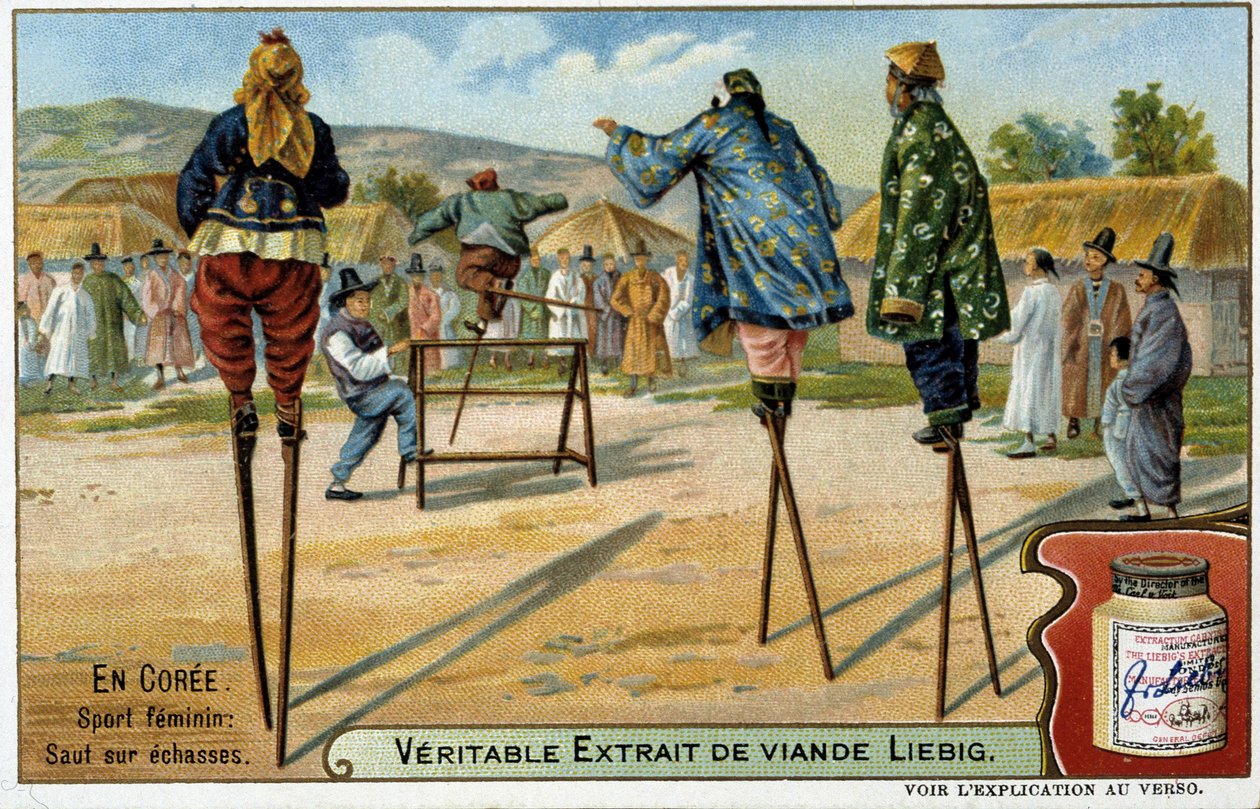 Korea: vrouwelijke sport van springen op stelten - chromo Liébig, ca. 1900 door French School