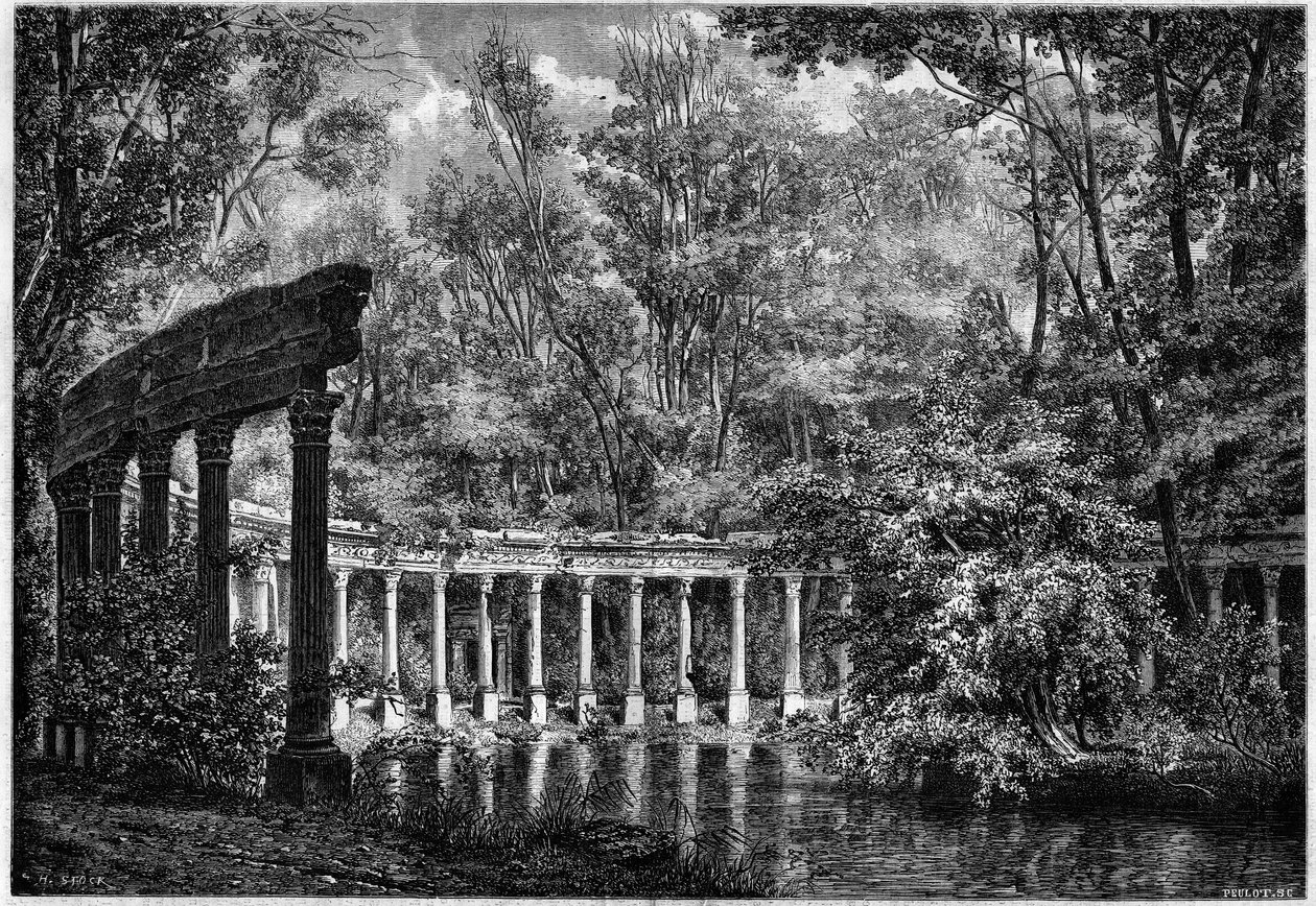 Korintische zuilengalerij rond het ovale bassin in het Parc de Monceau, Parijs door French School