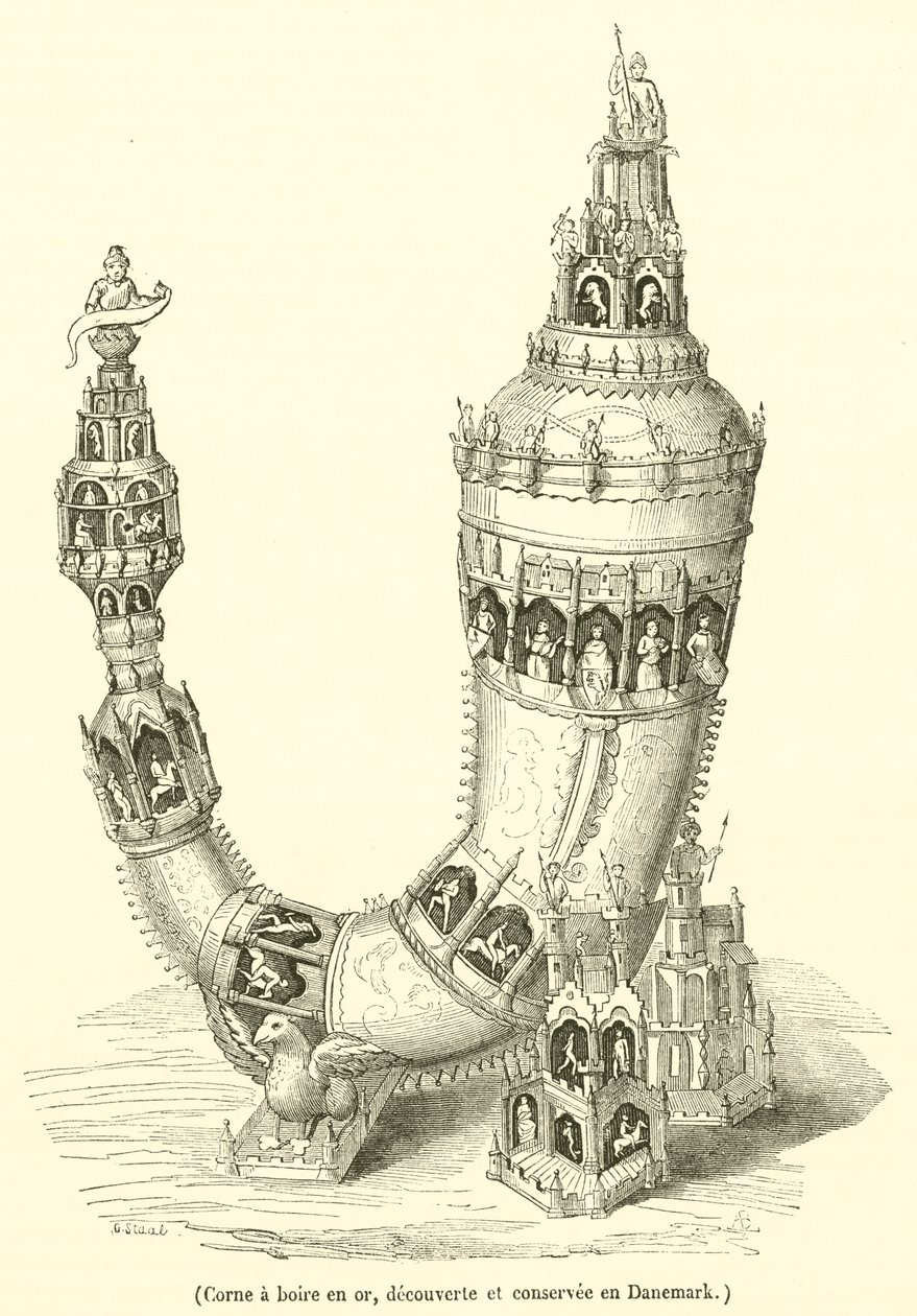 Gouden drinkhoorn, ontdekt en bewaard in Denemarken (gravure) door French School