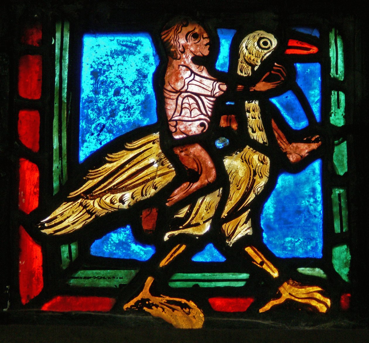 Hoekstuk (man en vogel) uit een raam van de gelijkenis van de Barmhartige Samaritaan door French School