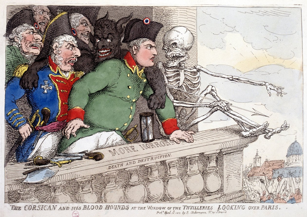 Corsica en zijn bloeddorstige kijk op Parijs door het raam van de Tuilerieën - in "Napoleon I", karikaturen, dummy collectie, c. 1814-1815 door French School