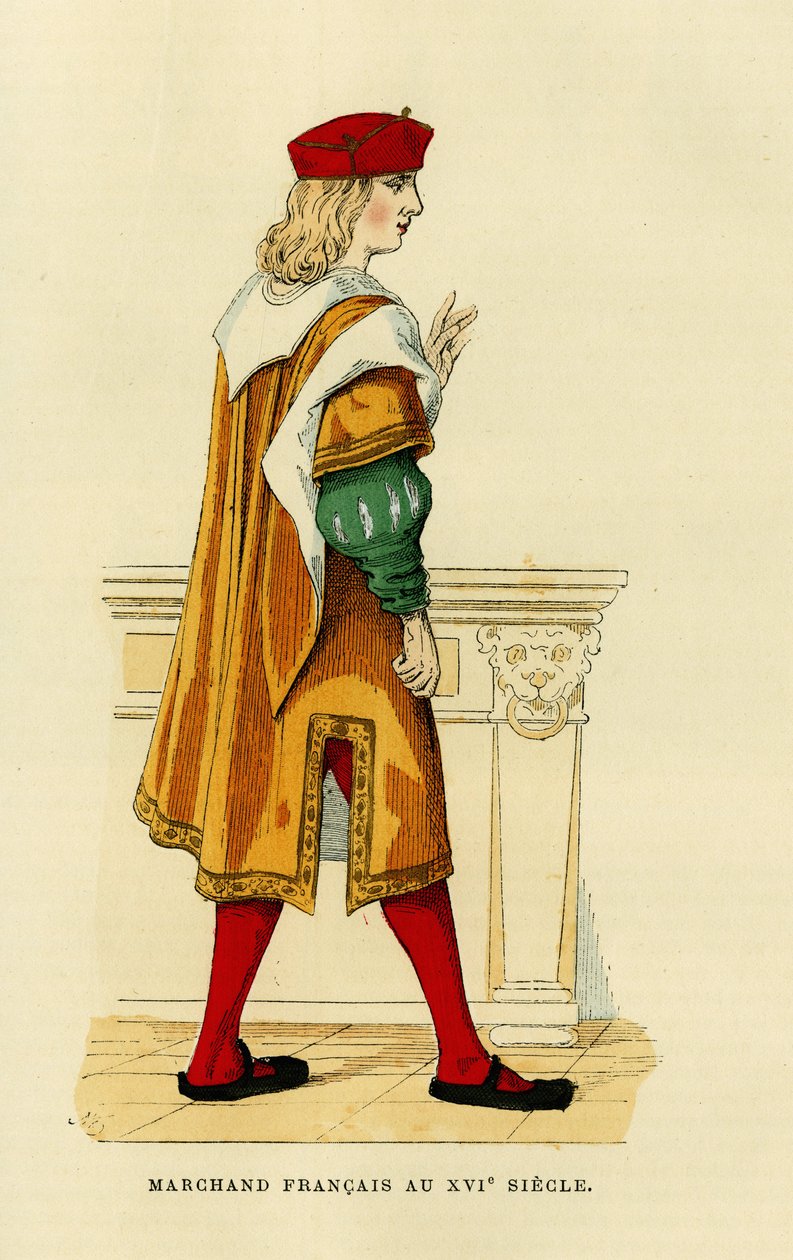 Kostuum van een Franse koopman in de 17e eeuw. Kleurgravure, in 