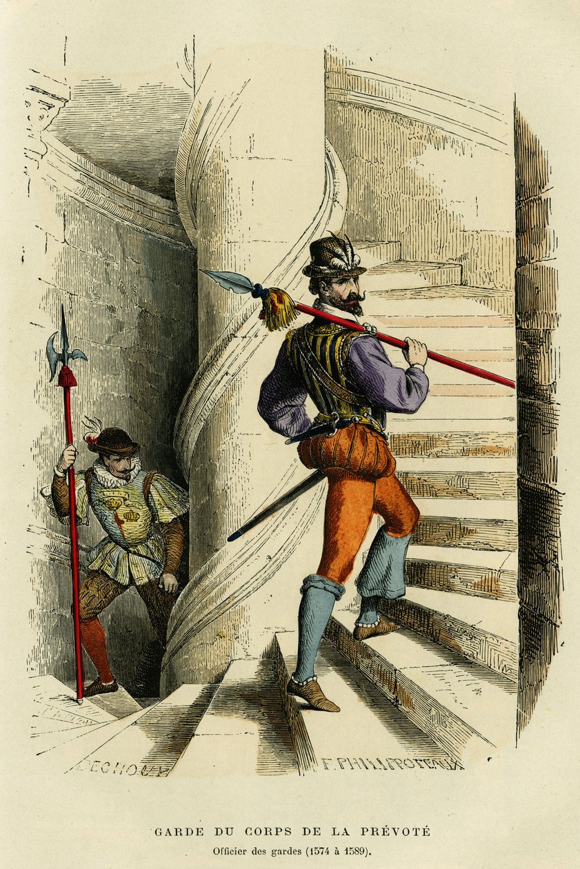 Kostuum van de lijfwacht van de prevote, gevolgd door een officier van de wacht (1574 tot 1589). Kleuren gravure, in 