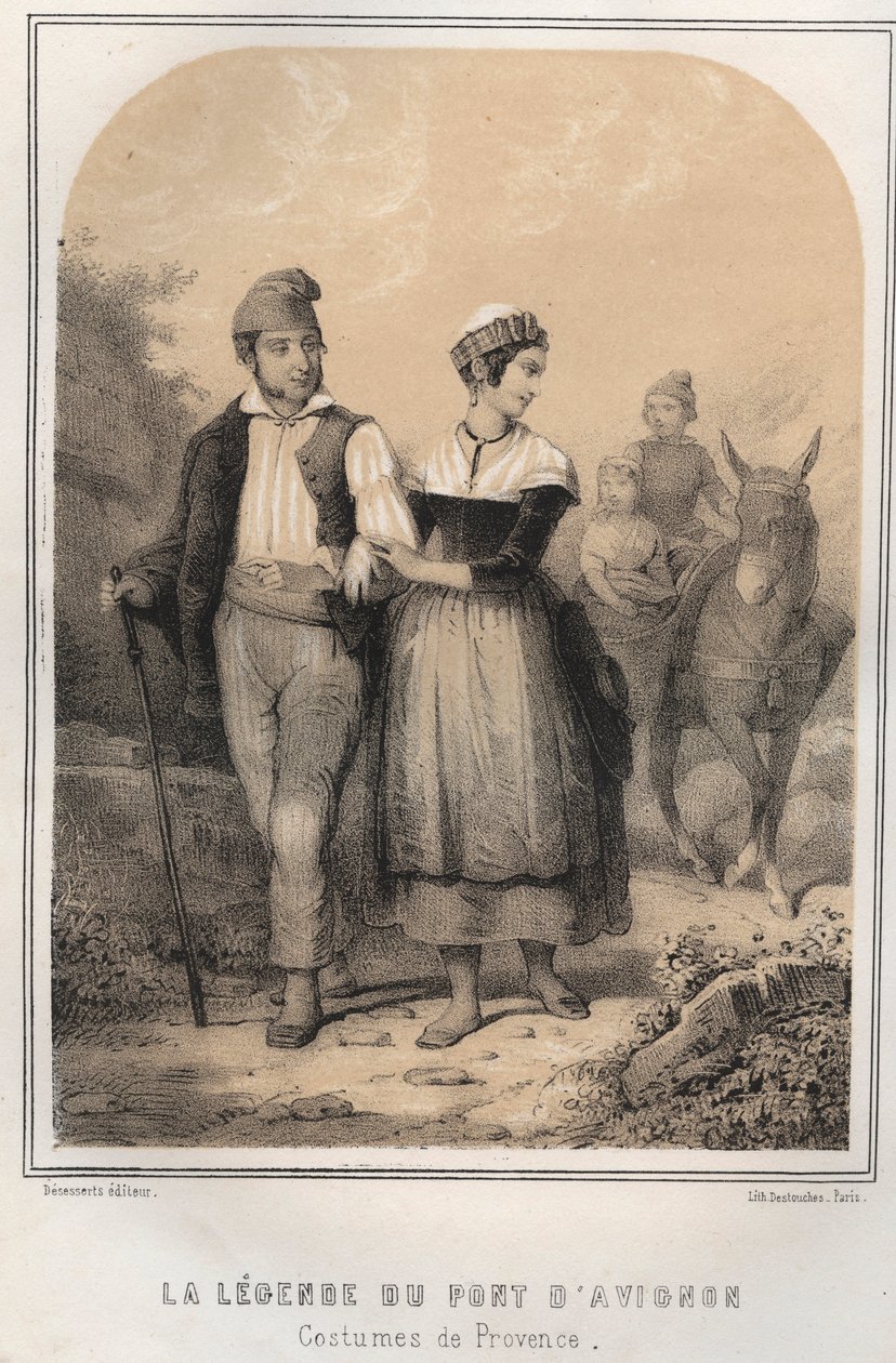 Kostuums uit de Provence - de legende van de brug van Avignon - gravure in "LES SOURIES VAN MIJN OOM HERINNERINGEN EN VERHALEN VAN REIZEN" door MORING MICHEL - Eind 19e eeuw door French School