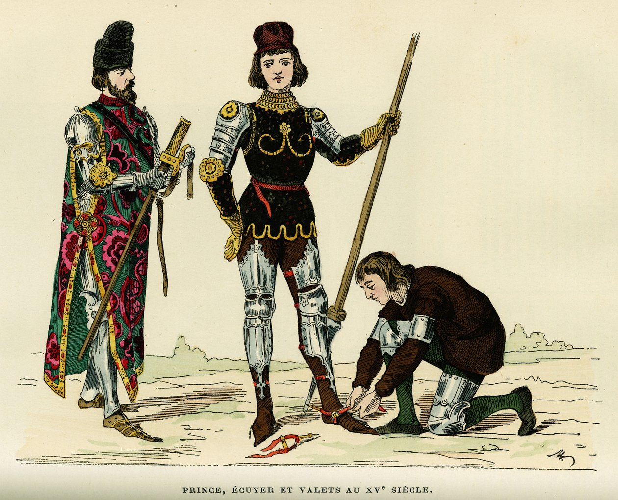Kostuums van prins, van zijn schildknapen en zijn knecht, in de 15e eeuw. Kleuren gravure, in 
