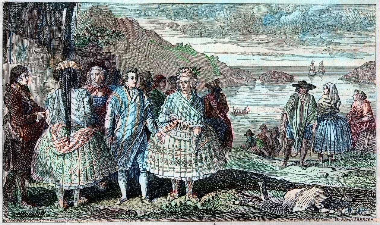 Kostuums van de inwoners van La Conception (Chili) - Atlas van de reis van La Perouse rond de wereld 1785-1788, Parijs 1797 door French School