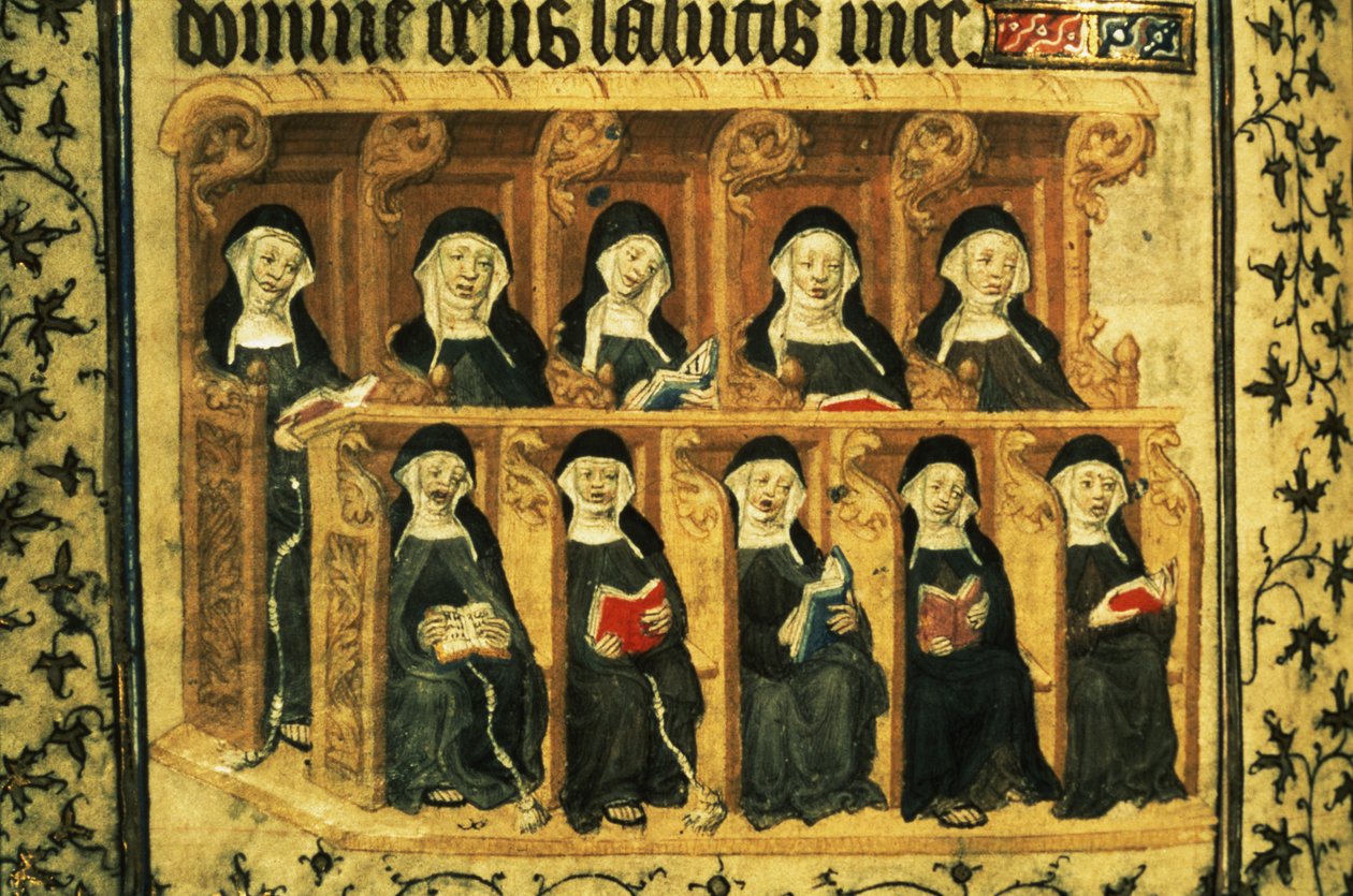 Cott Dom A XVII f.74v Nonnen in een koorbank, uit het Psalter van Hendrik VI, Parijs door French School