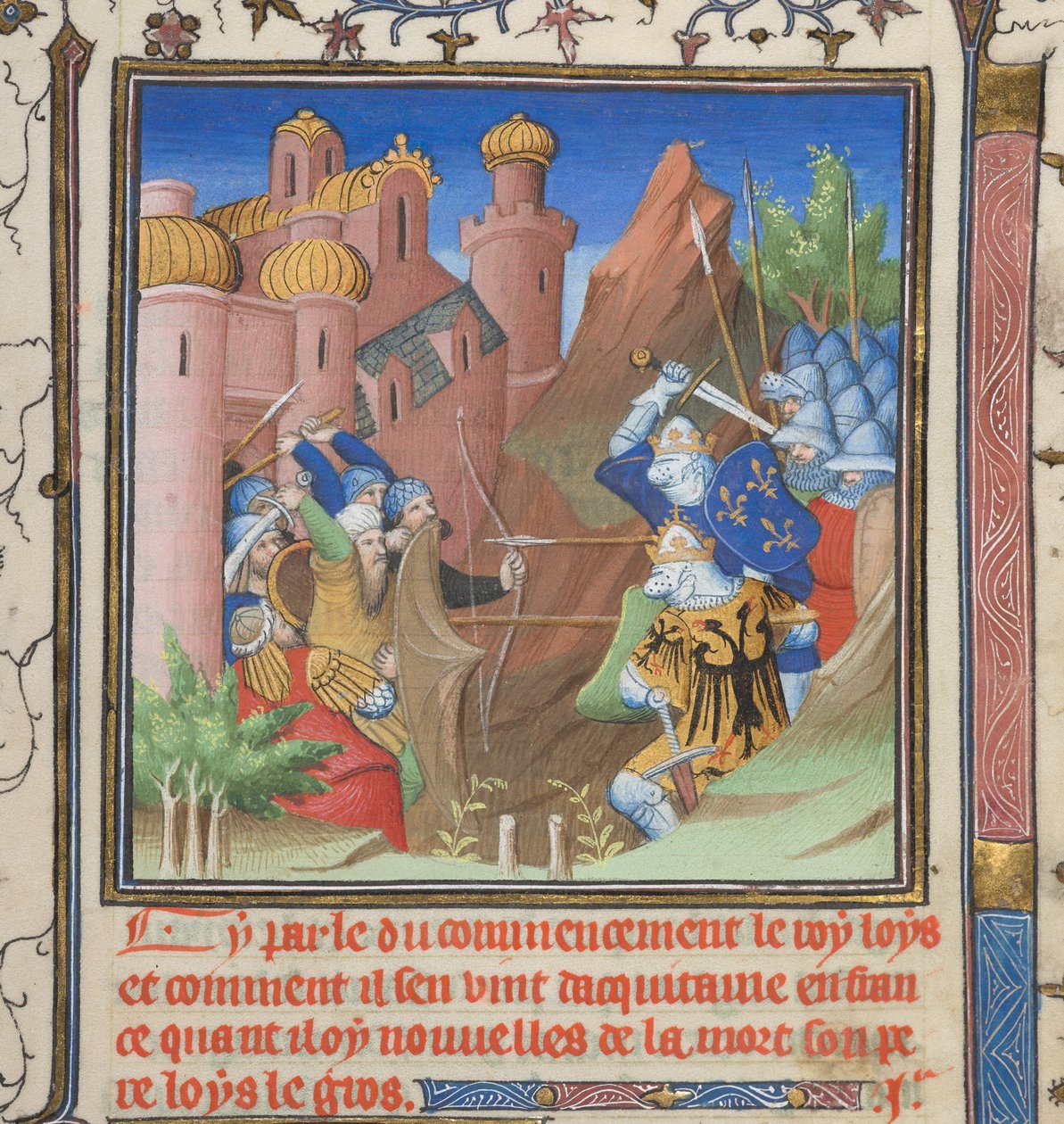Cotton Nero E II pt.1, f.222, Slag van Lodewijk VII en zijn vader, uit Grandes Chroniques de France door French School
