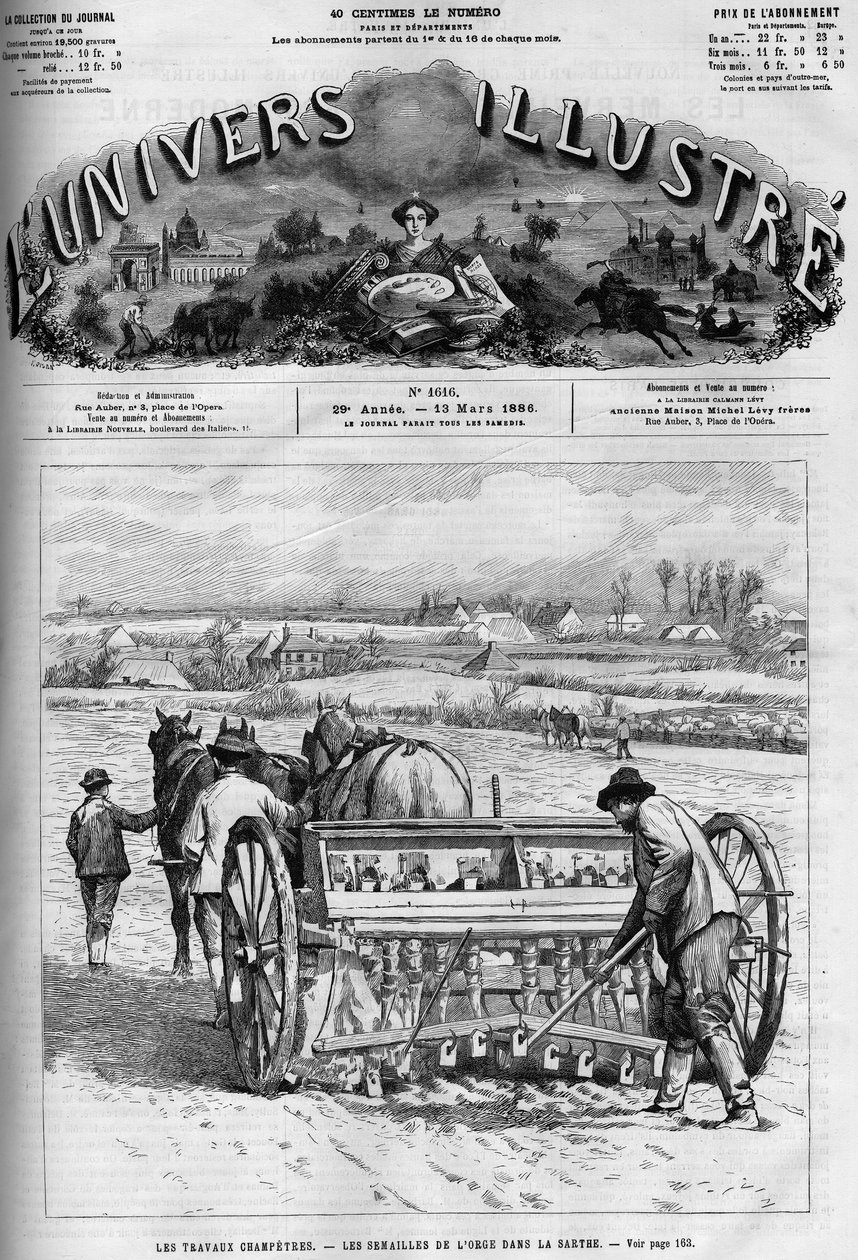 Landarbeid: zaaien van gerst in de Sarthe. Een krant. Gravure in 