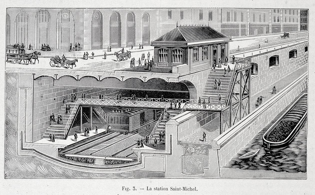 Doorsnede van het metrostation St Michel in Parijs in 