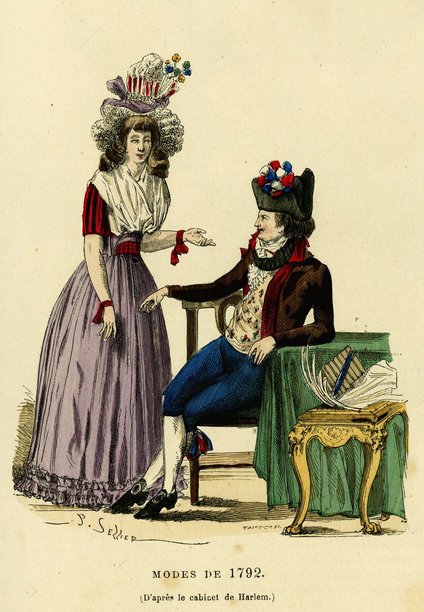 Koppel in mode van 1792. Kleuren gravure naar de tekening van het kabinet van Haarlem, in 