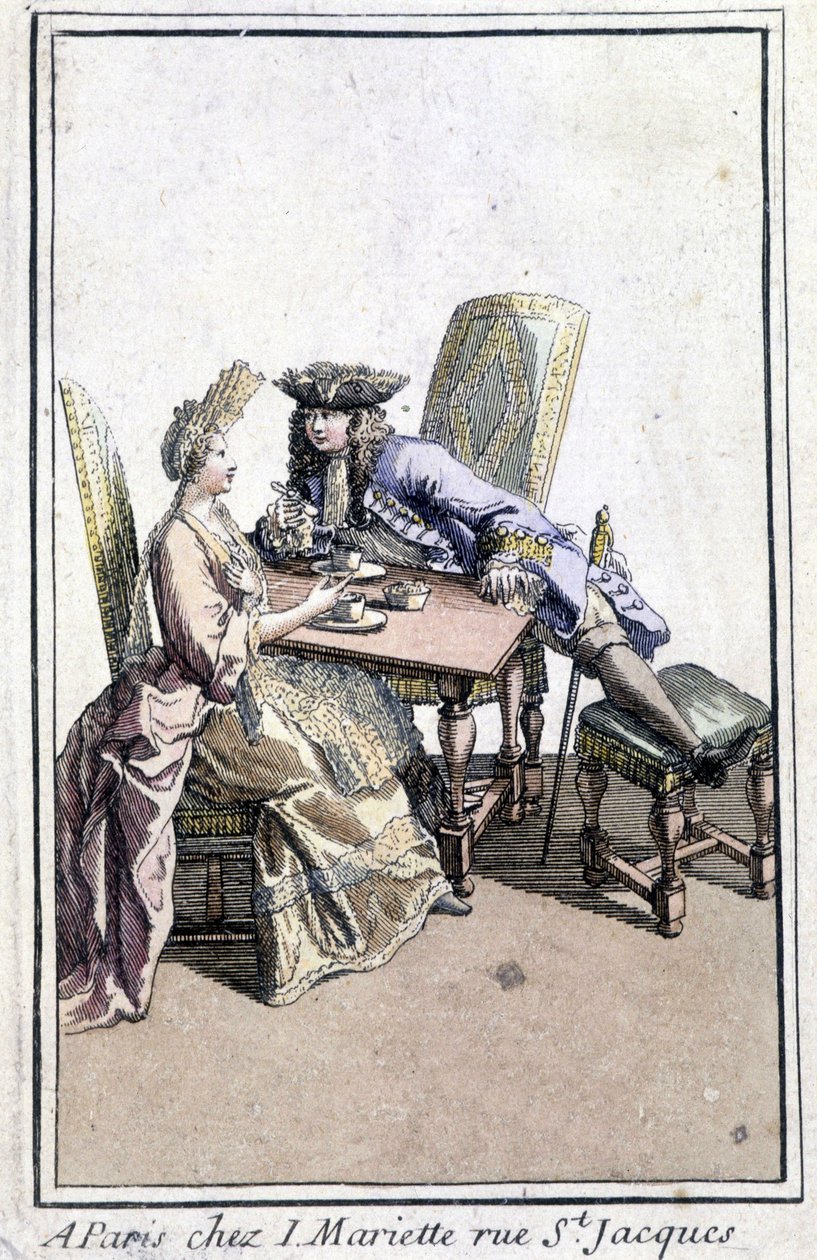 Koppel dat koffie drinkt - gravure door French School