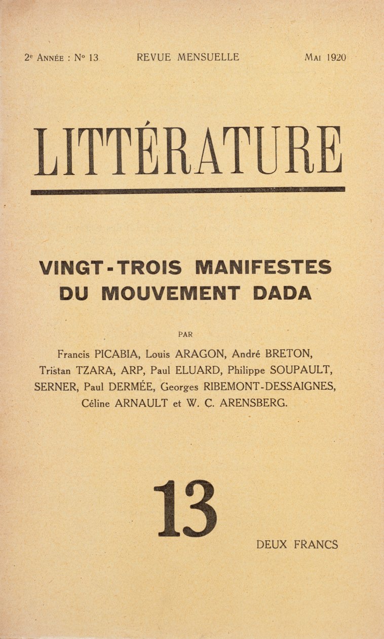 Omslag van Litterature maandblad gewijd aan de Dada-beweging, mei 1920 door French School