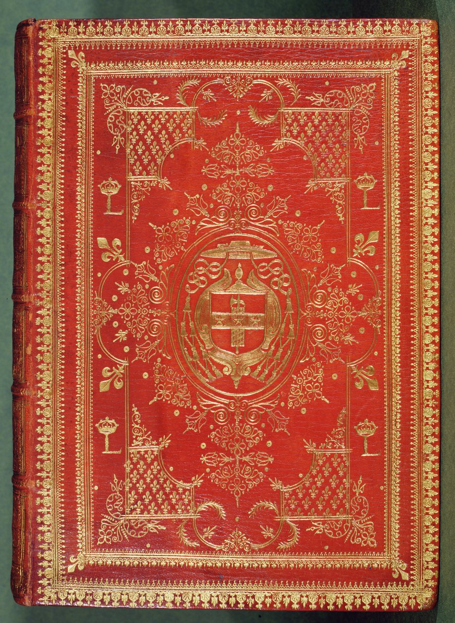 Omslag van een boek van kardinaal Mazarin, met de afwerking die de kardinaalse wapens van sterren en fasces toont, bekroond door de galero hoed en kwastjes van een kardinaal door French School
