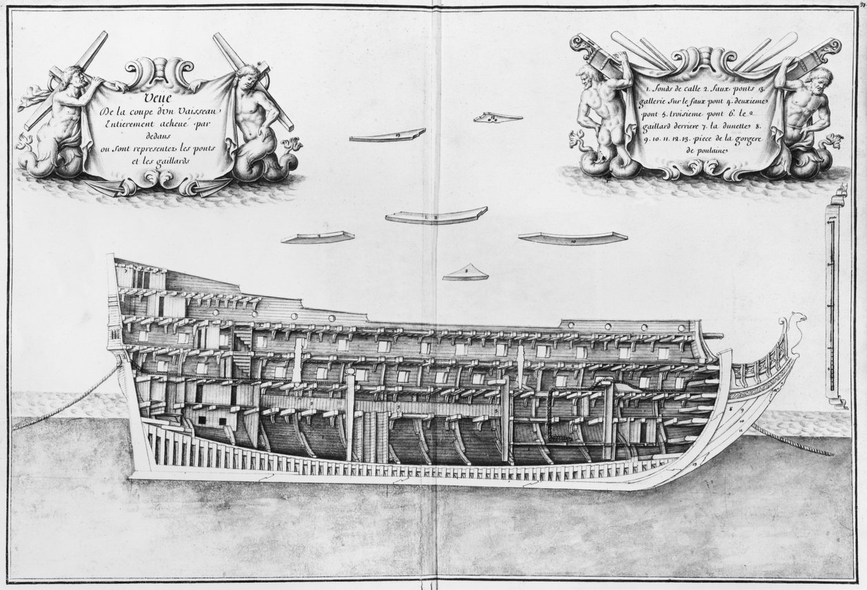 Dwarsdoorsnede van de volledig voltooide binnenkant van een schip, illustratie uit de Atlas de Colbert, plaat 37 door French School