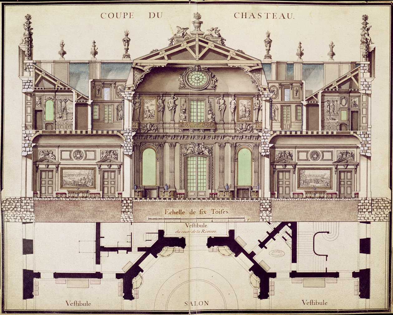 Dwarsdoorsnede van het Château de Marly, 1714 door French School