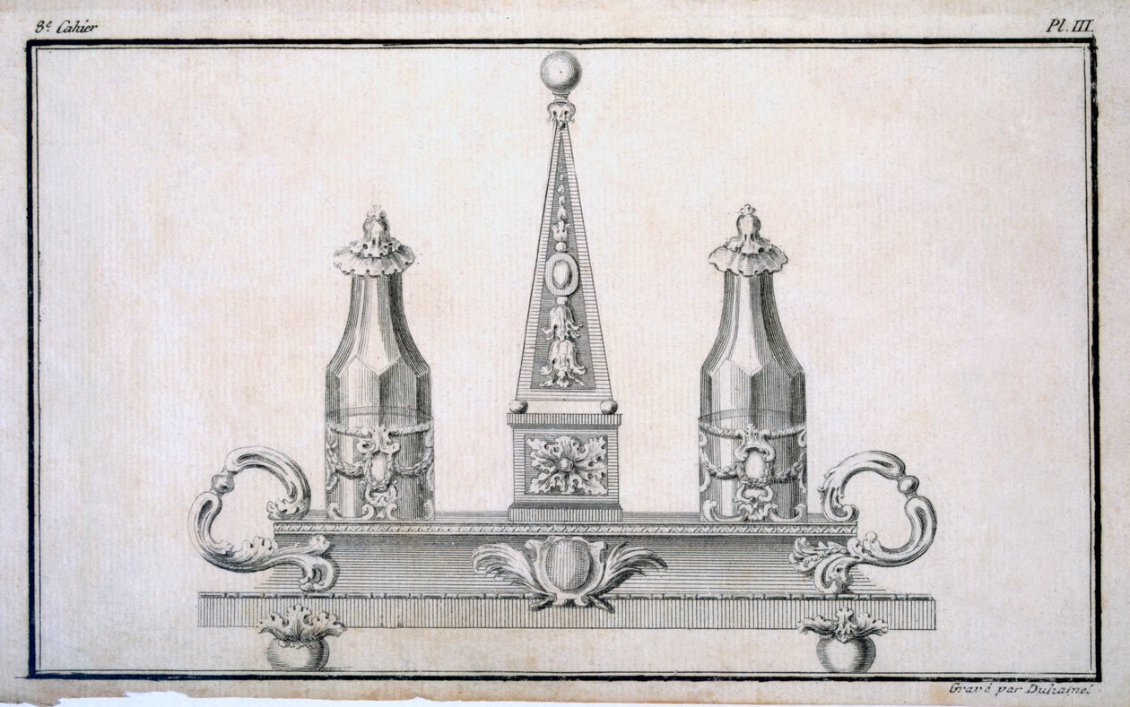 Kruidenstel op standaard, uit een patroonboek van neoklassieke metaalwerkontwerpen samengesteld door Duhamel, ca. 1770s-80s door French School