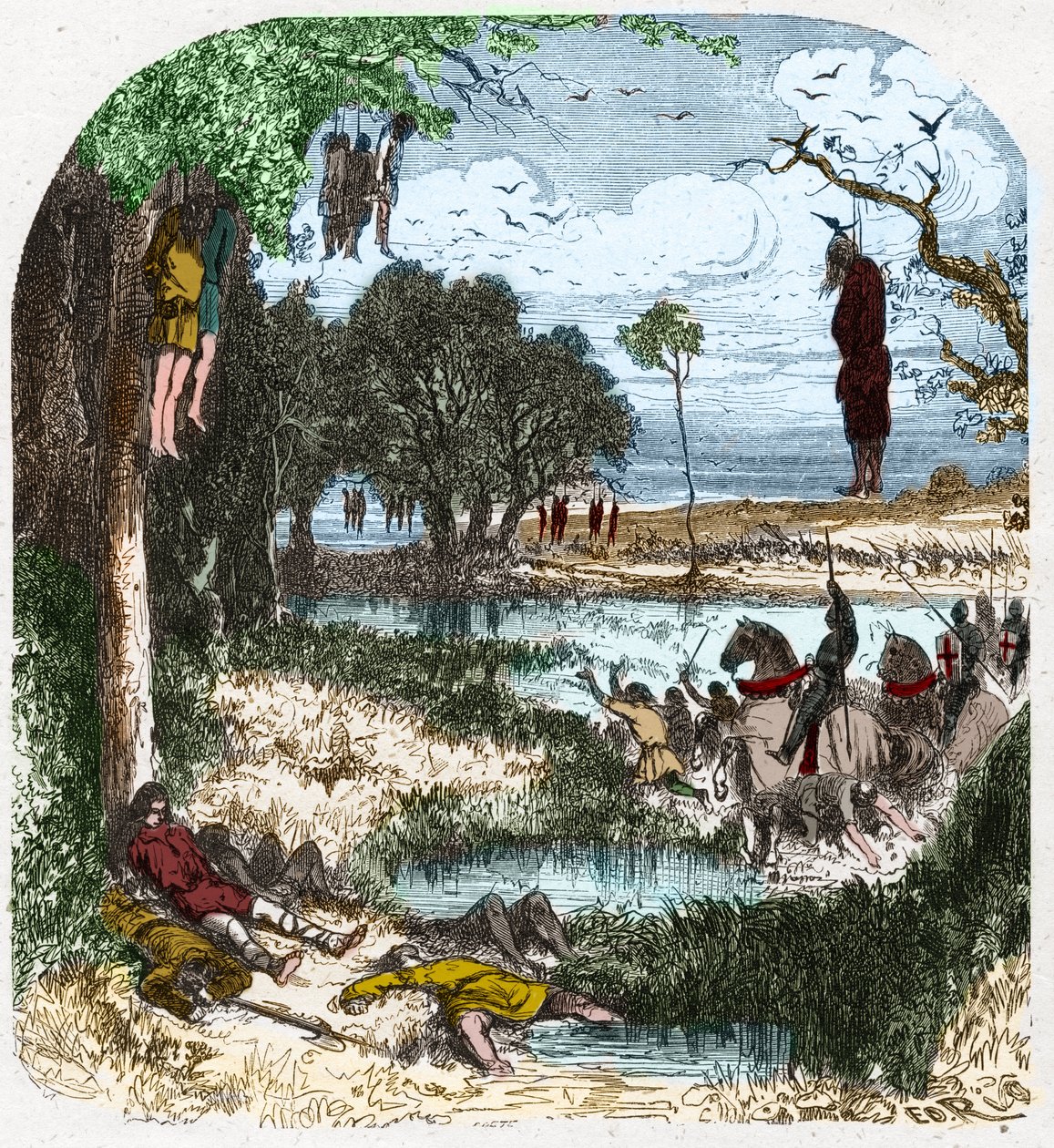 Kruistocht van de Pastoureaux in 1251: Kruistocht van "kleine mensen", boeren; het werd uitgelokt in 1251 door de gevangenschap van Saint Louis tijdens de zevende kruistocht. Gravure in "Histoire De France En Cent Peintures" door Paul Lehugeur 1891. door French School
