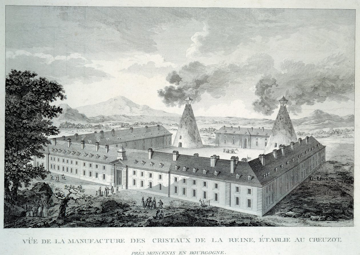 Kristalwerken van Koningin Marie Antoinette in Creusot nabij Moncenis in Bourgondië. Gravure uit 1787 door French School