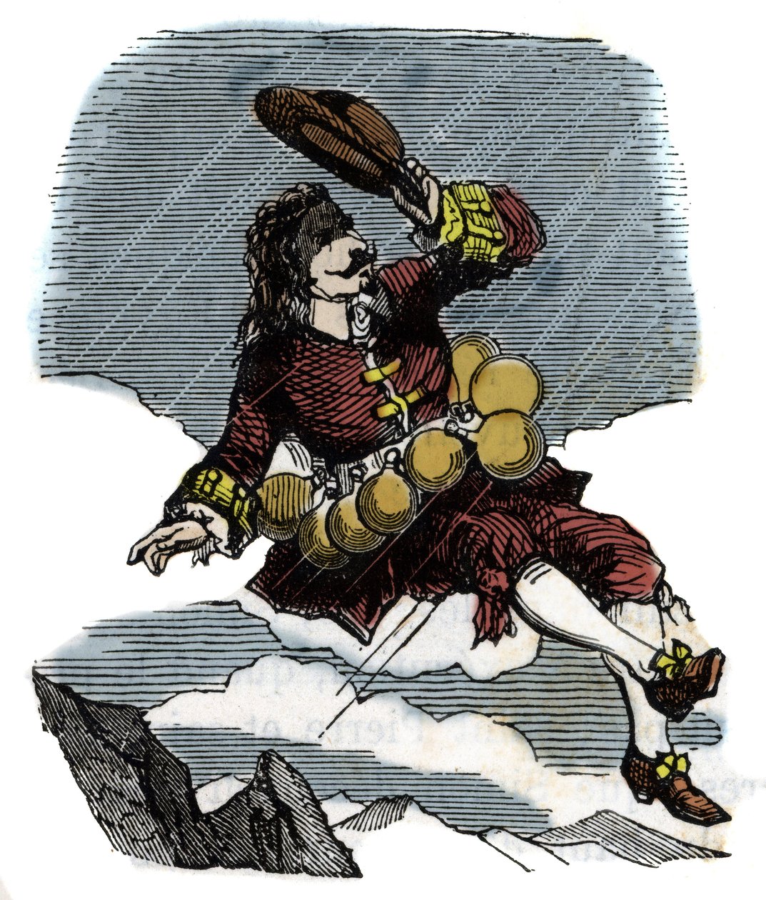 Cyrano de Bergerac stijgt op naar de hemel dankzij flesjes dauw en reist naar de maan, illustratie van de roman door Hercules Savinien Cyrano de Bergerac (1619-1655): 