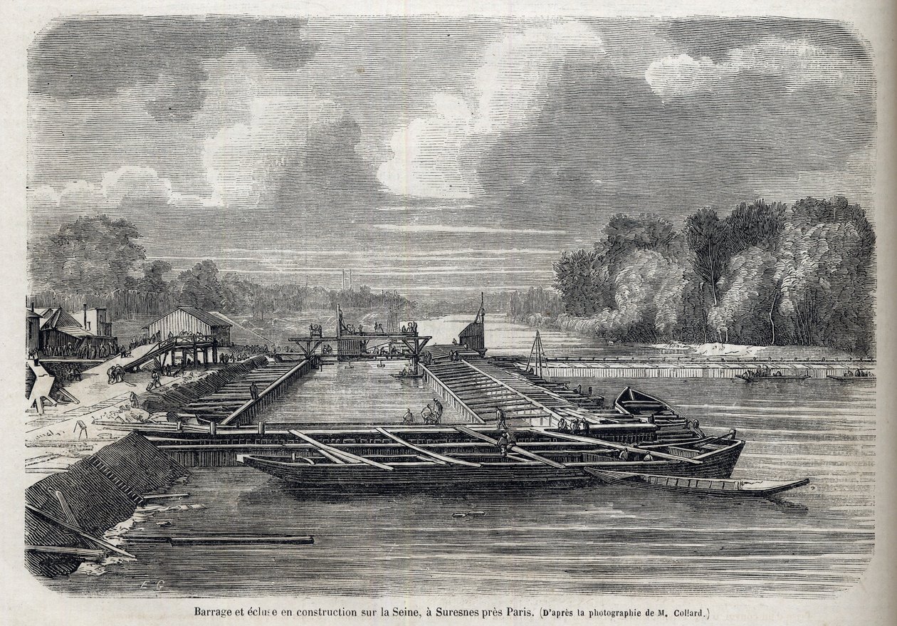 Dam doorgebroken aan de Seine in Suresnes in 1866 - Gravure - Le Monde Illustré 1866 door French School