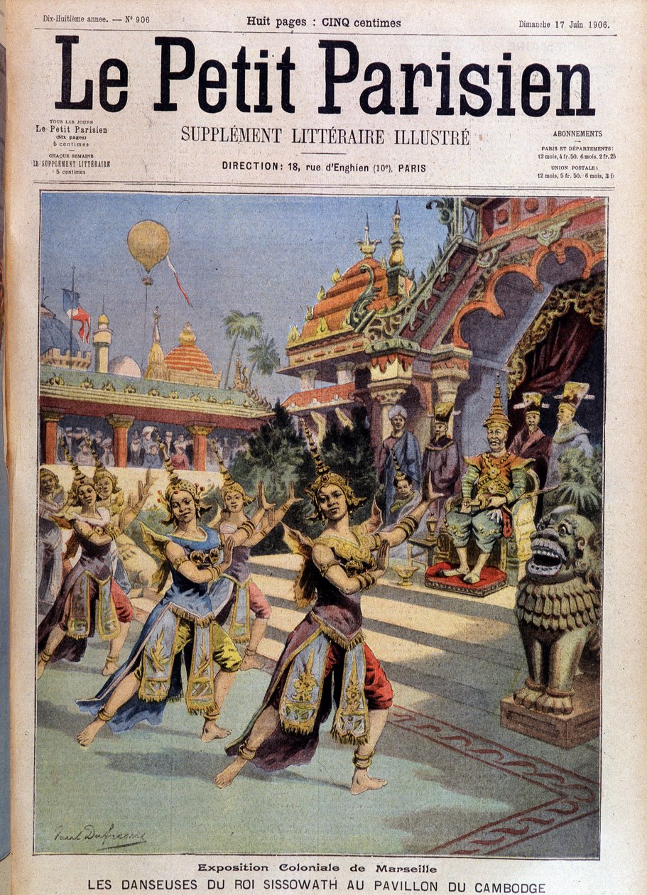 Dansers van koning Sissovath in het paviljoen van Cambodja, koloniale tentoonstelling van Marseille - in "Le Petite Parisien" van 17/06/1906 door French School