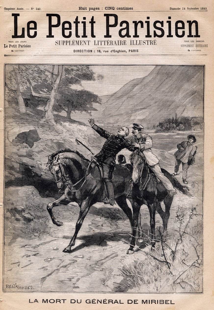 Dood van generaal Marie Joseph Francois de Miribel (1831-1893) door een beroerte na terugkeer van een inspectie in de Alpen. Uit de krant "Le Petit Parisien" op 24/09/1893. door French School