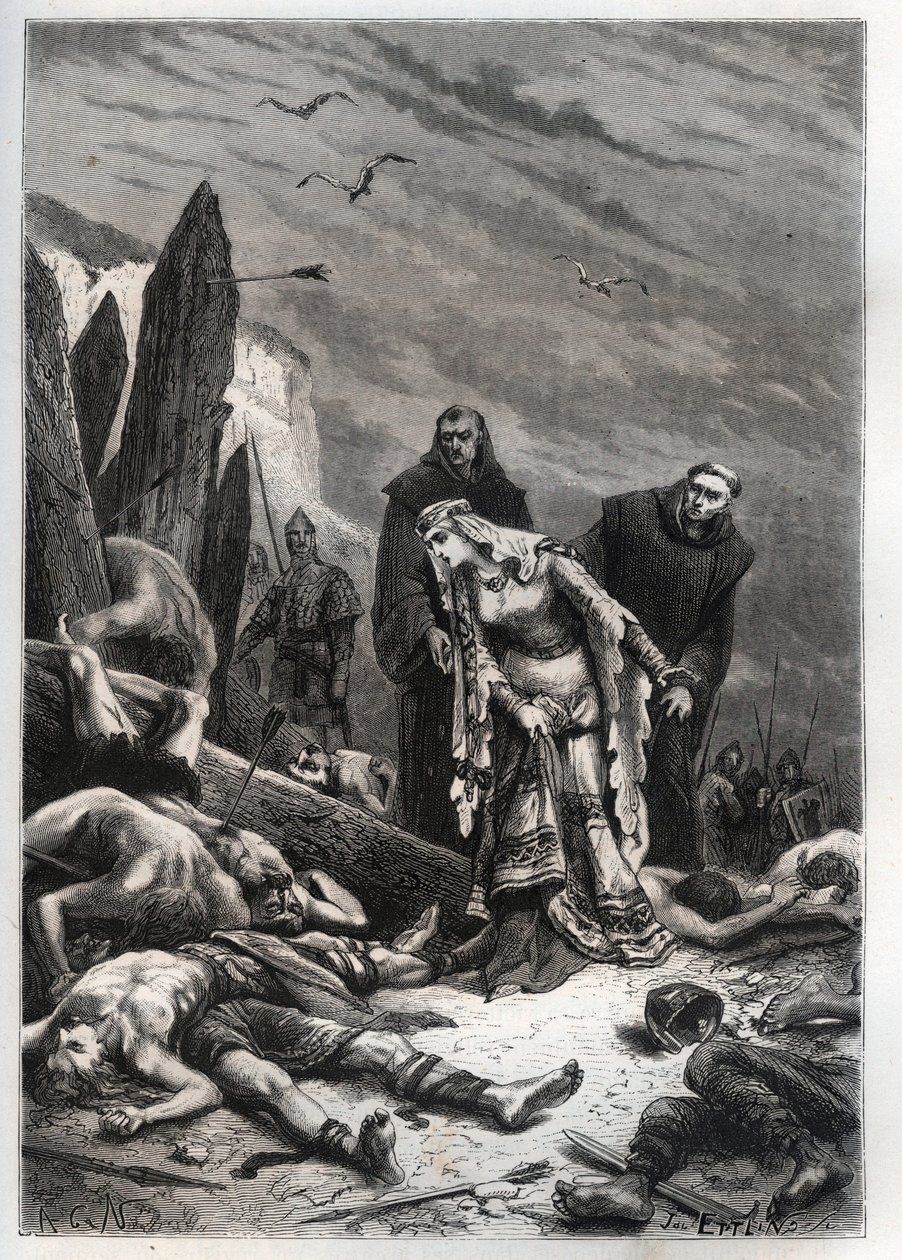 Dood van koning Harold II bij de Slag bij Hastings in 1066 - Edith Swannesha, bekend als Edith la Juste, ontdekt het lichaam van haar man - Ealdgyth, ontdekt het lichaam van Harold Godwi door French School