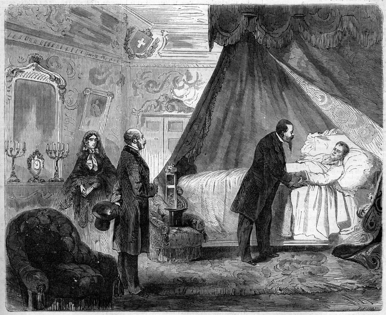 Dood van de graaf van Cavour, 6 juni 1861: koning van Italië Victor Emmanuel II bezoekt Camillo Benso, graaf van Cavour (1810-1861), de dag voor zijn dood. Gravure in 