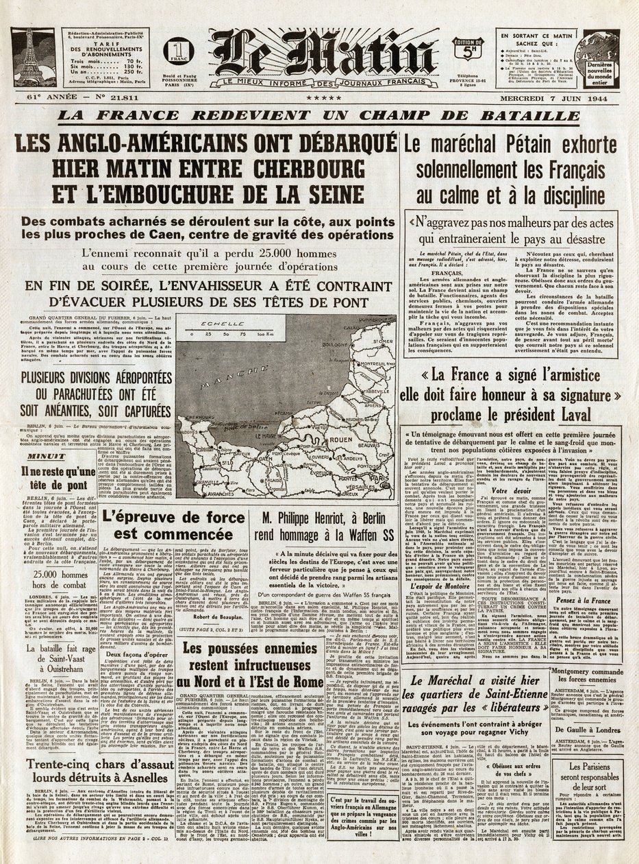 Landing in Normandië juni 1944 - Normandië landingen 6 juni 1944 (D-Day) - Op de ochtend van donderdag 7 juni 1944 vertrokken de Anglo-Amerikanen gisteren tussen Cherbourg en de monding van de Seine door French School
