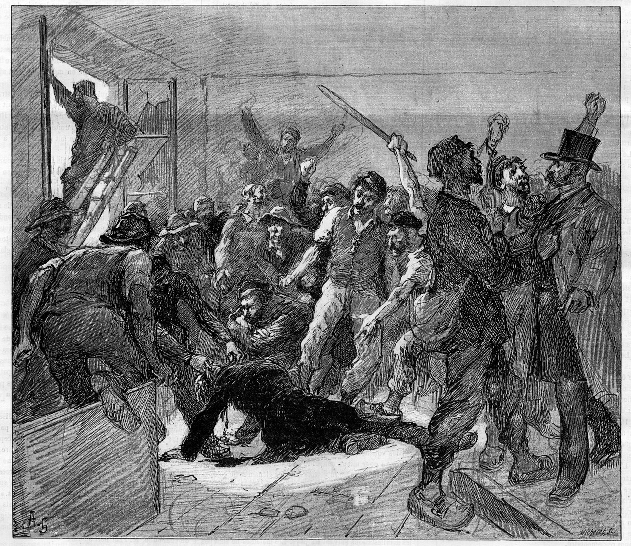 Staking van mijnwerkers in Decazeville (Aveyron) in 1886: ingenieur Watrin werd vermoord door de stakers. Gravure in "Le Monde Illustré", 6 februari 1886 door French School
