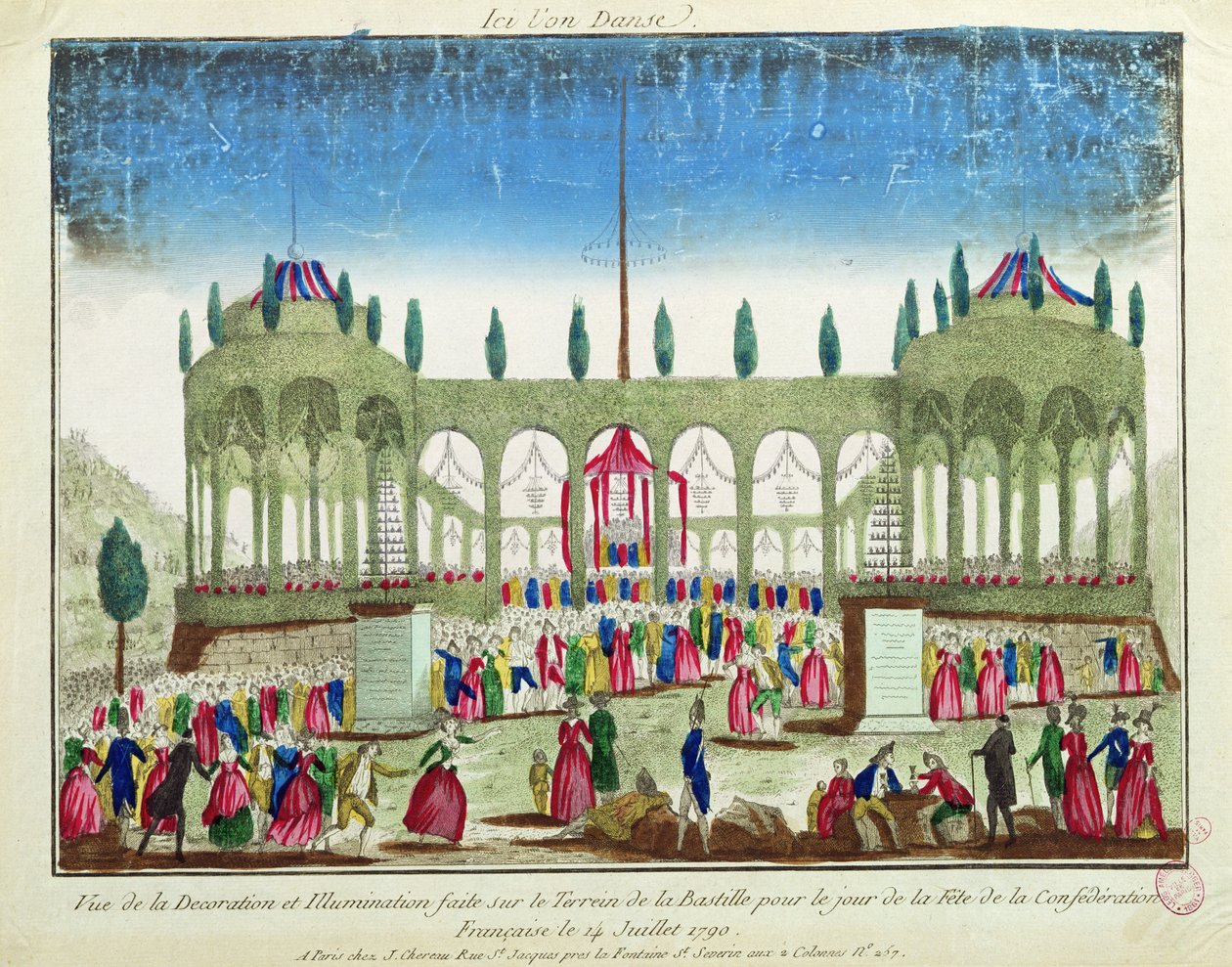 Decoratie en verlichting van de Bastille voor het Festival van de Federatie, 14 juli 1790 door French School