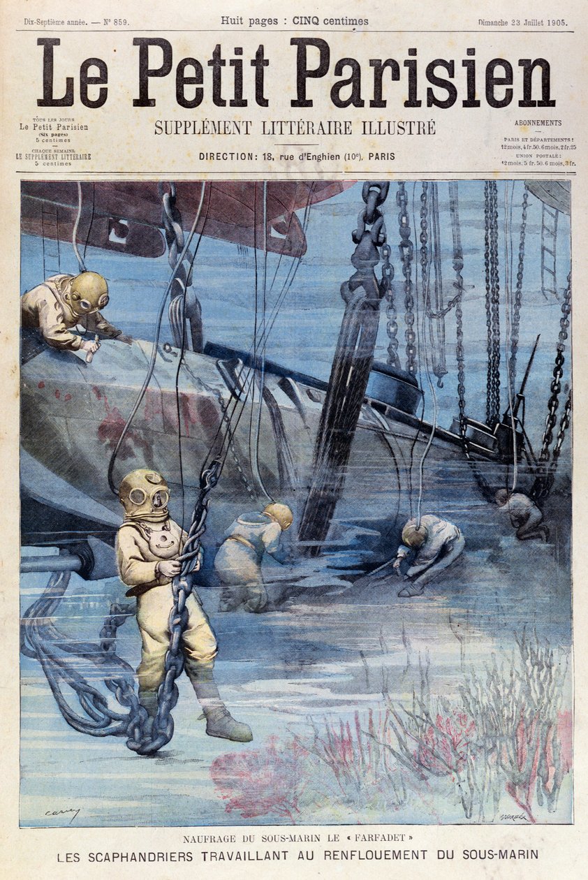 Diepzeeduikers proberen de Farfadet te bergen, uit Le Petit Parisien, 23 juli 1905 door French School