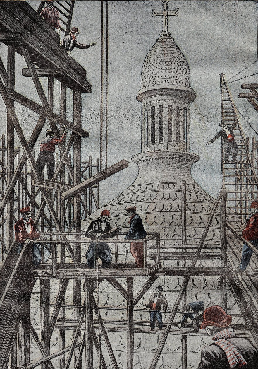 Demonstratie van steigers die het einde van de bouw van de koepel van de Basiliek van Montmartre onthullen. Gravure in 