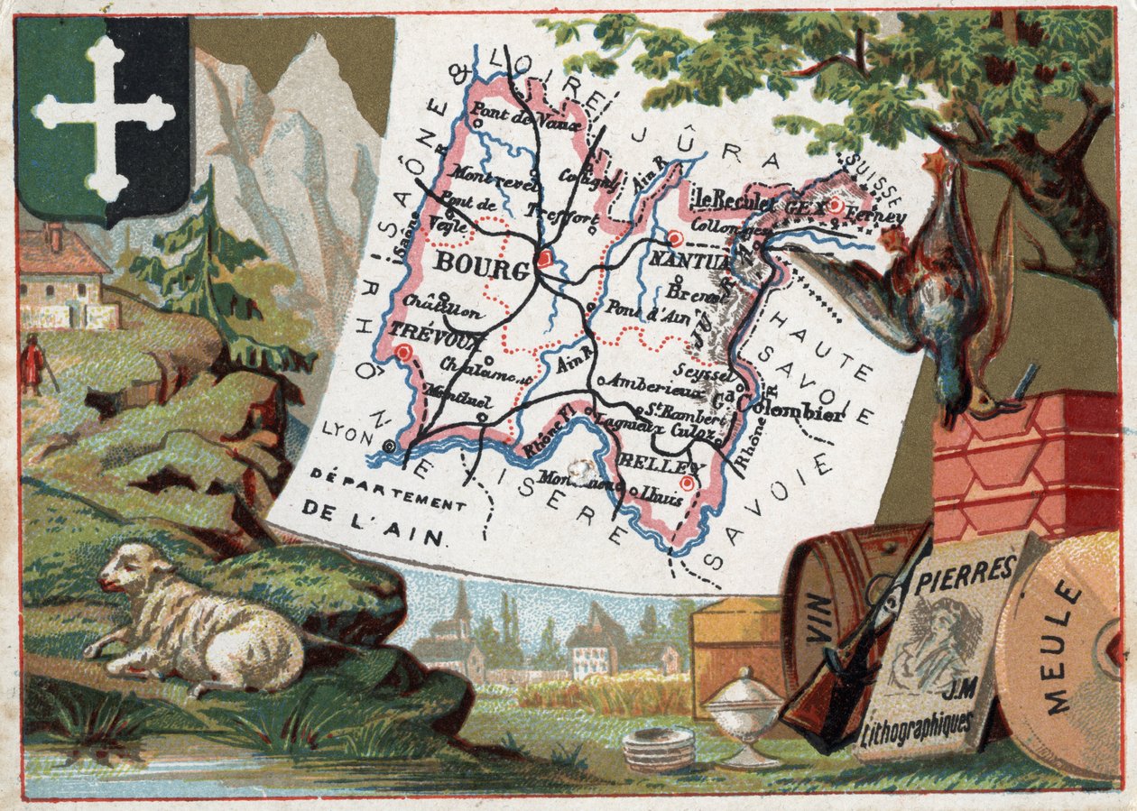 Departement van Ain (01), Rhône-Alpes (Rhône Alpes), Frankrijk. Lokale specialiteit: veeteelt, jacht, wijn, slijpsteen en lithografie. Serie over de Franse departementen. Chromolithografie 