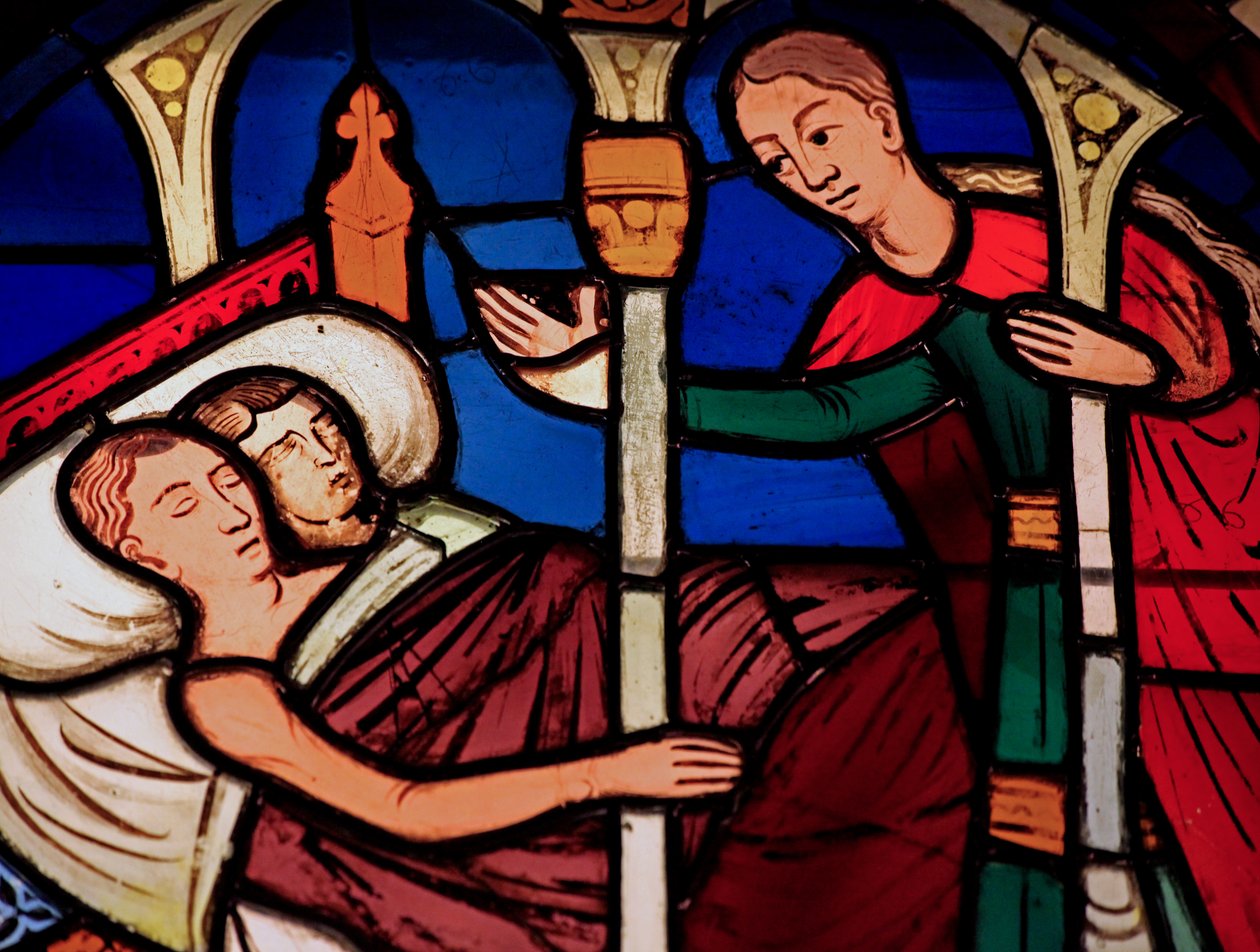 Een dienaar betreedt de kamer van Tobias en Sarah, ex Ste Chapelle, Bay E door French School