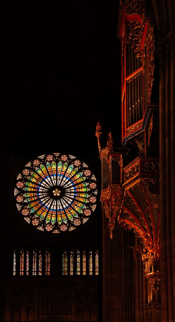 Uitzicht naar het westen met het orgel en het roosvenster door French School