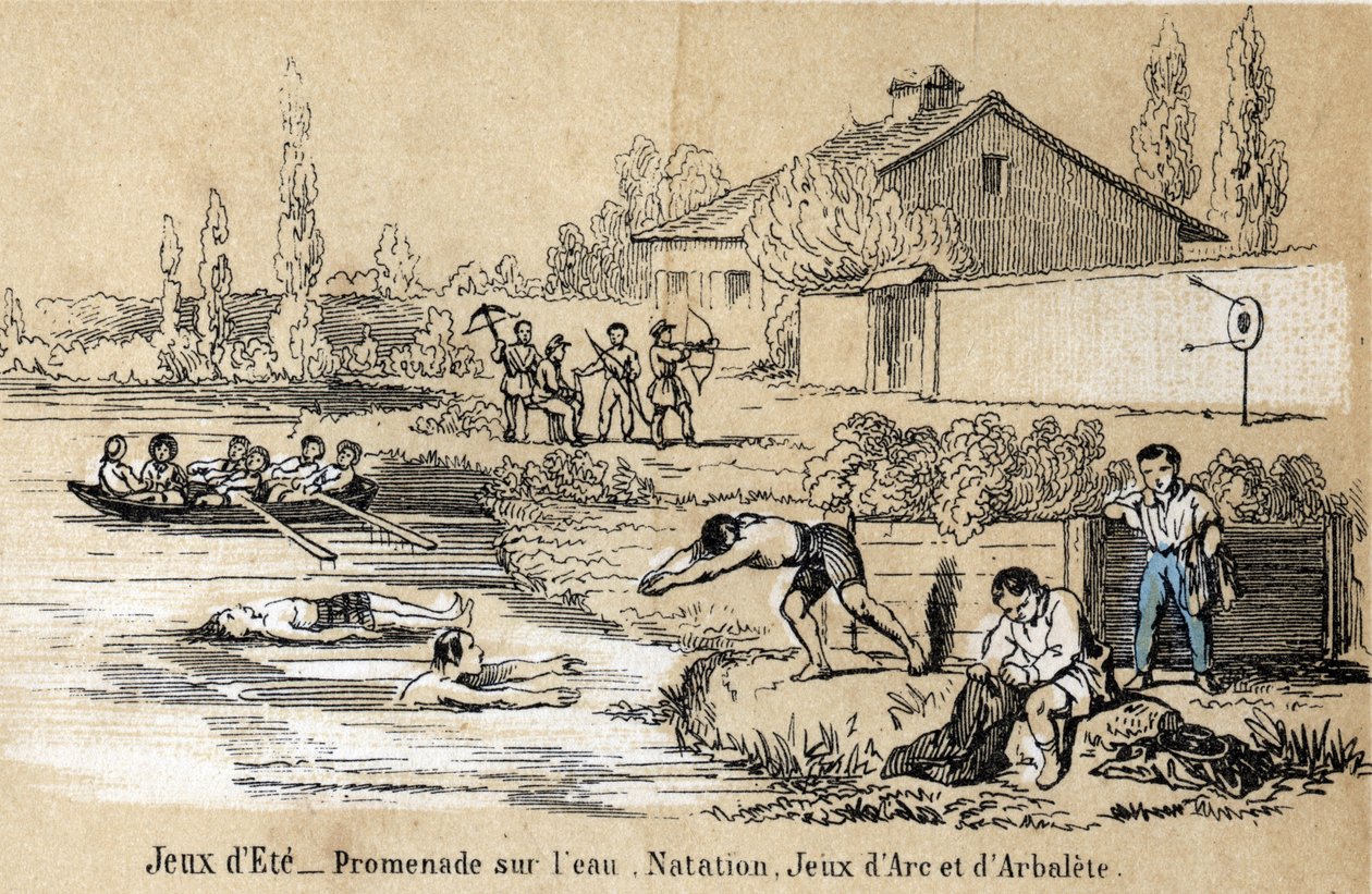 Beschrijving van kinderactiviteiten en spelletjes: buitenspellen in de zomer en waterspellen, zwemmen, pootjebaden, boogschieten en kruisboog. Plaat 