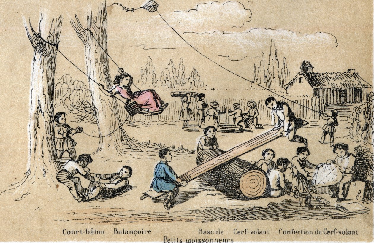 Beschrijving van kinderactiviteiten en spelletjes: buitenspellen, korte stok, schommel, schommelen (kont tikken) en het maken van een vlieger. Plaat 