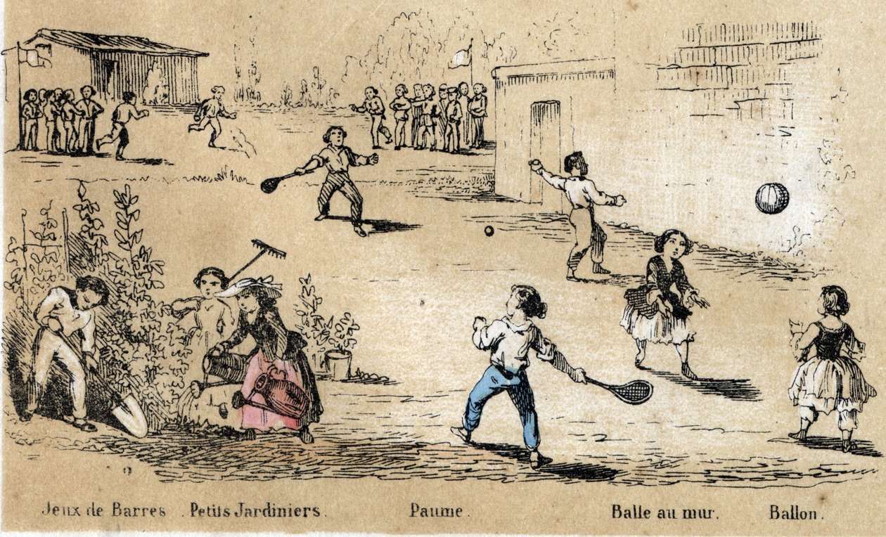 Beschrijving van kinderplezier en spel: bal- en balsporten (bal tegen de muur, palspel) en tuinieren. Plaat 