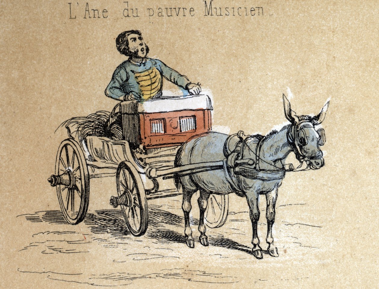 Beschrijving van de verschillende producten en toepassingen van de ezel: het dier begeleidt de reizende muzikant. Detail van de plaat 