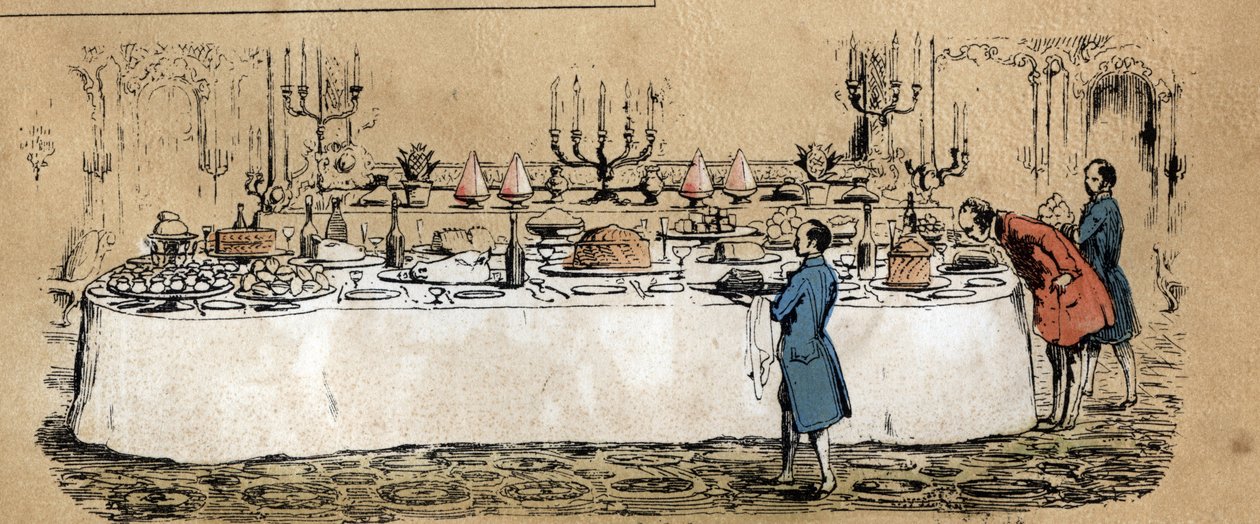 Beschrijving van de verschillende producten en toepassingen van de koe: producten van de koe (kaas, rundvlees) op de tafel van een mondain buffet tijdens een bal. Plaat 